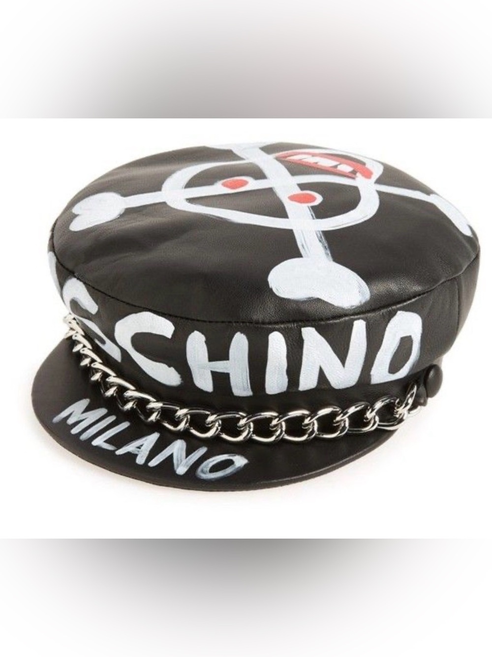 Moschino Black Leather Painterly Logo Cap with Silver Chain